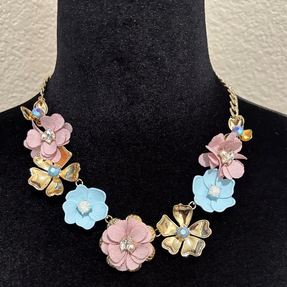 Guess Pink and Blue Floral Necklace with Gold Accents